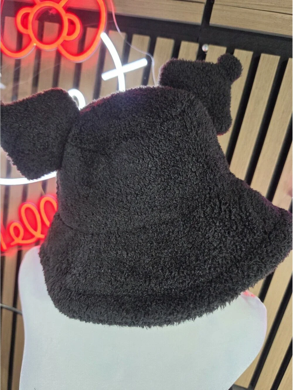 Kuromi Sanrio Black Fleece Lined Bucket Hat, Embroidered, Polyester, One Size